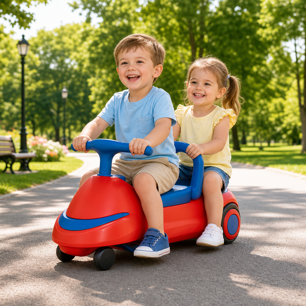 Two children riding a bright red and blue push-and-glide toy vehicle outdoors