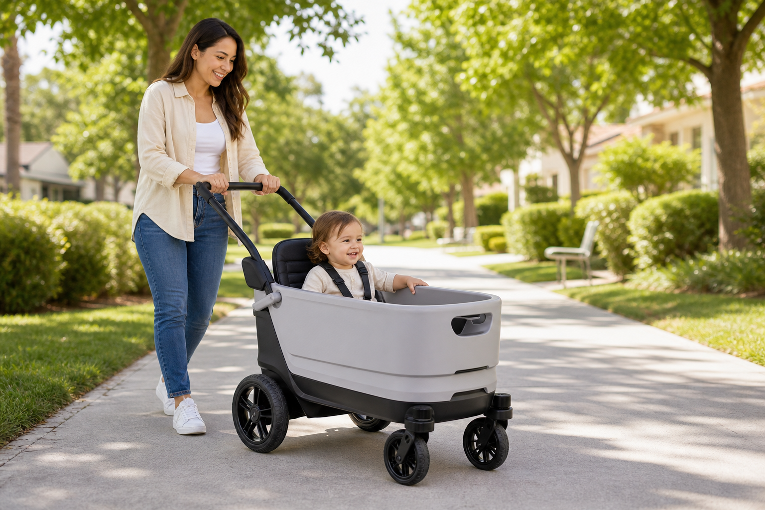 Parent pushing a modern ride-on wagon with a toddler in a leafy neighborhood park