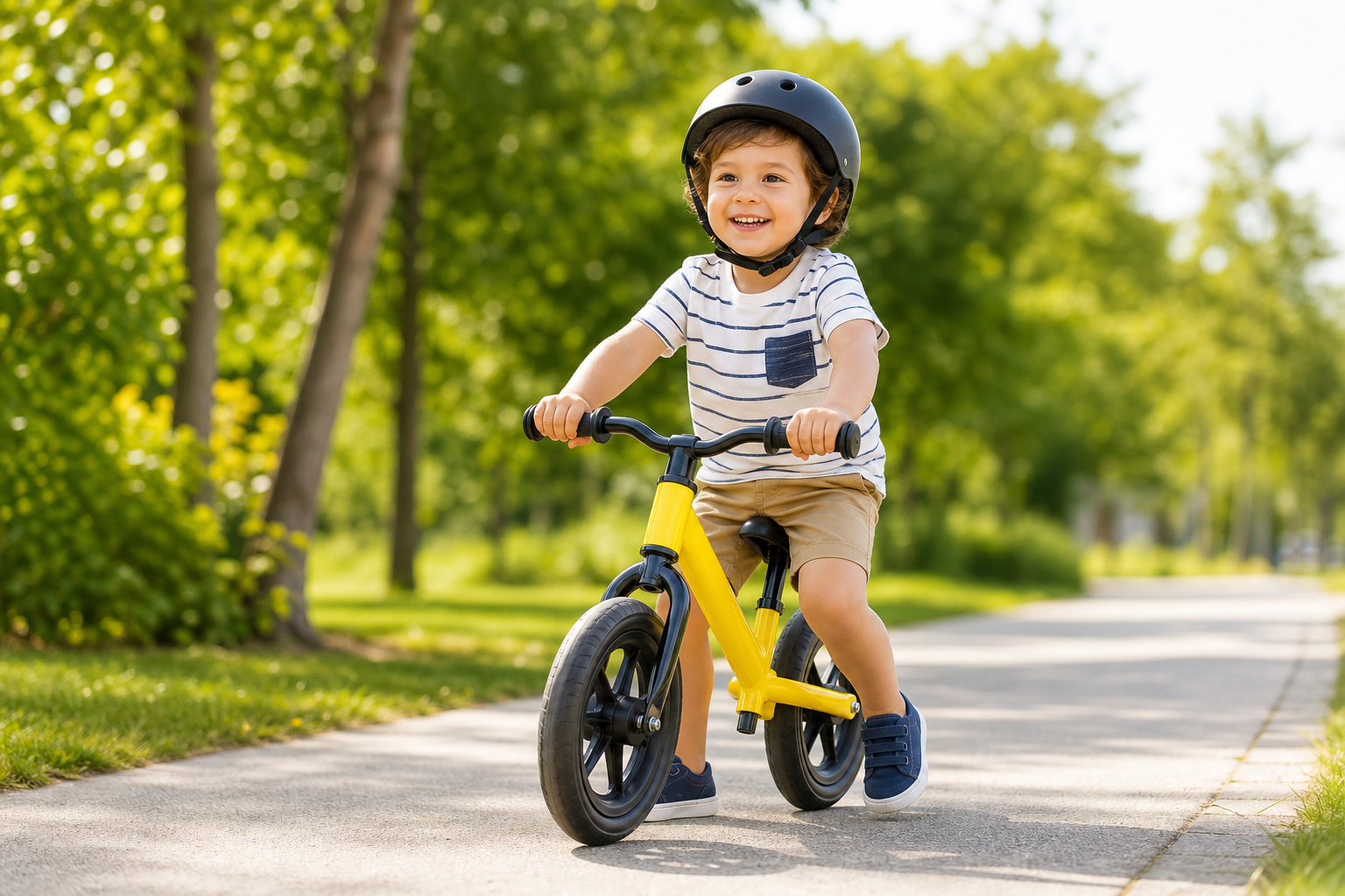 Young child wearing a helmet on a yellow balance bike outdoors on a sunny path