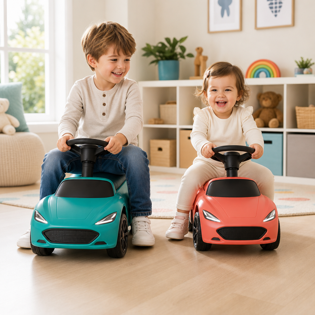 Two siblings riding compact ride-on cars together in a bright playroom