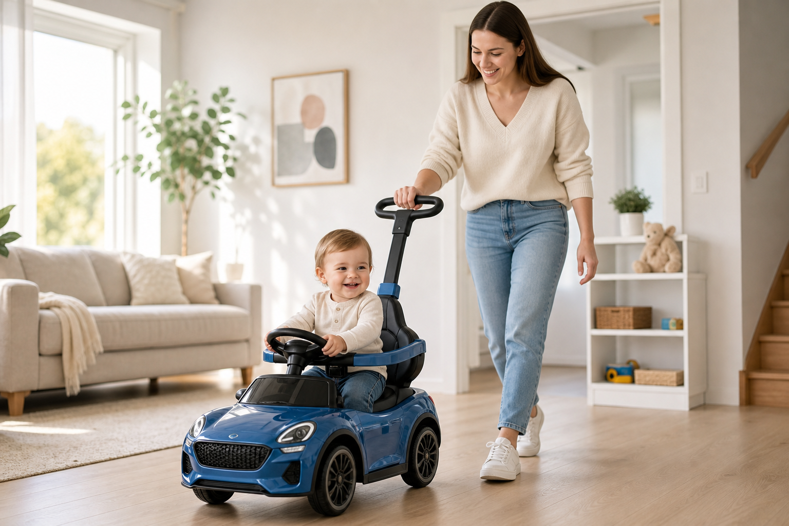 Parent guiding a small blue push car with a toddler seated comfortably