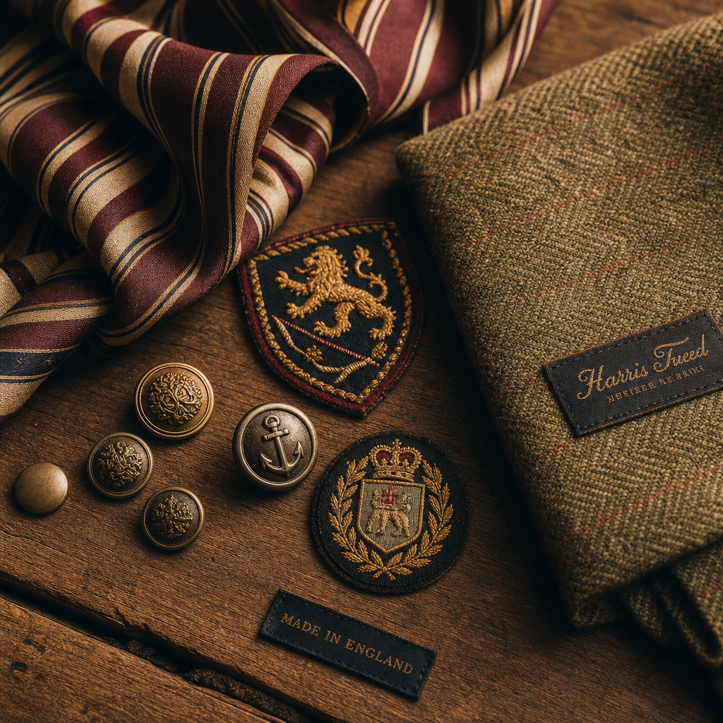 Close-up of vintage clothing details including embroidered patches, brass buttons, and a striped silk scarf on a wooden table