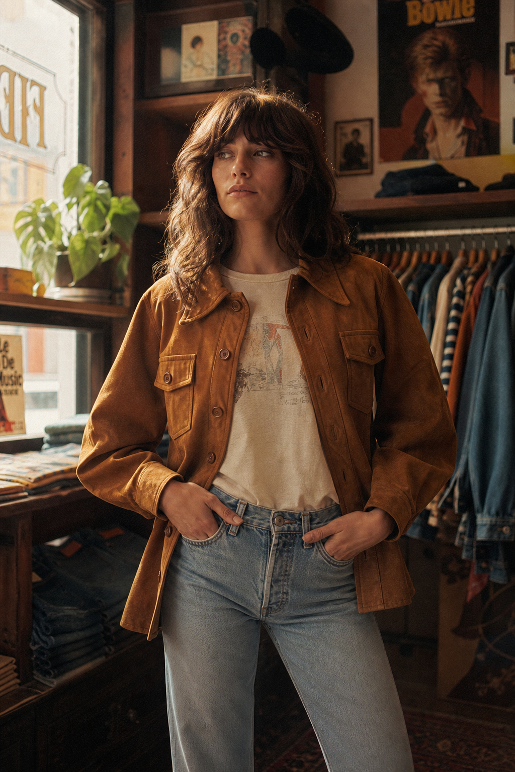 Warm film-style editorial photo of a model wearing a 1970s suede jacket and high-waisted denim in a softly lit boutique setting