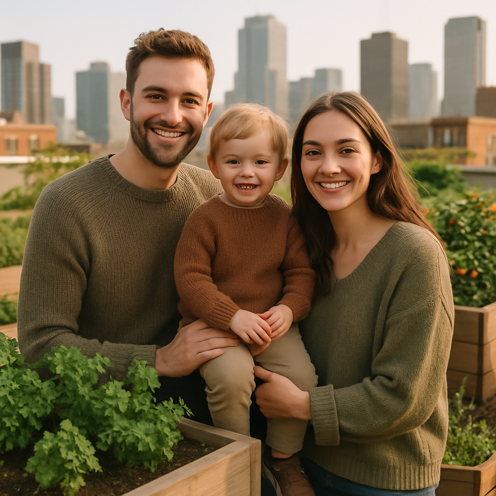 Family of three with a toddler, wearing cozy sweaters, smiling beside raised garden beds with herbs and tomatoes on a rooftop