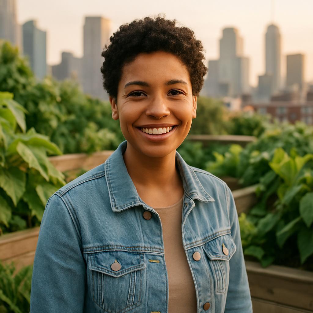 Smiling local resident with short curly hair wearing a light denim jacket, standing near leafy rooftop planters with city skyline blurred behind