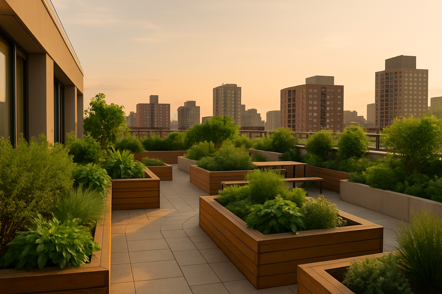 Rooftop garden with lush greenery and an urban skyline in soft evening light