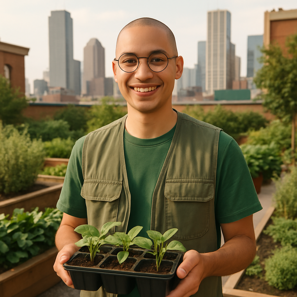 Young volunteer with shaved head and round glasses wearing a green utility vest, holding a small plant tray on a rooftop garden