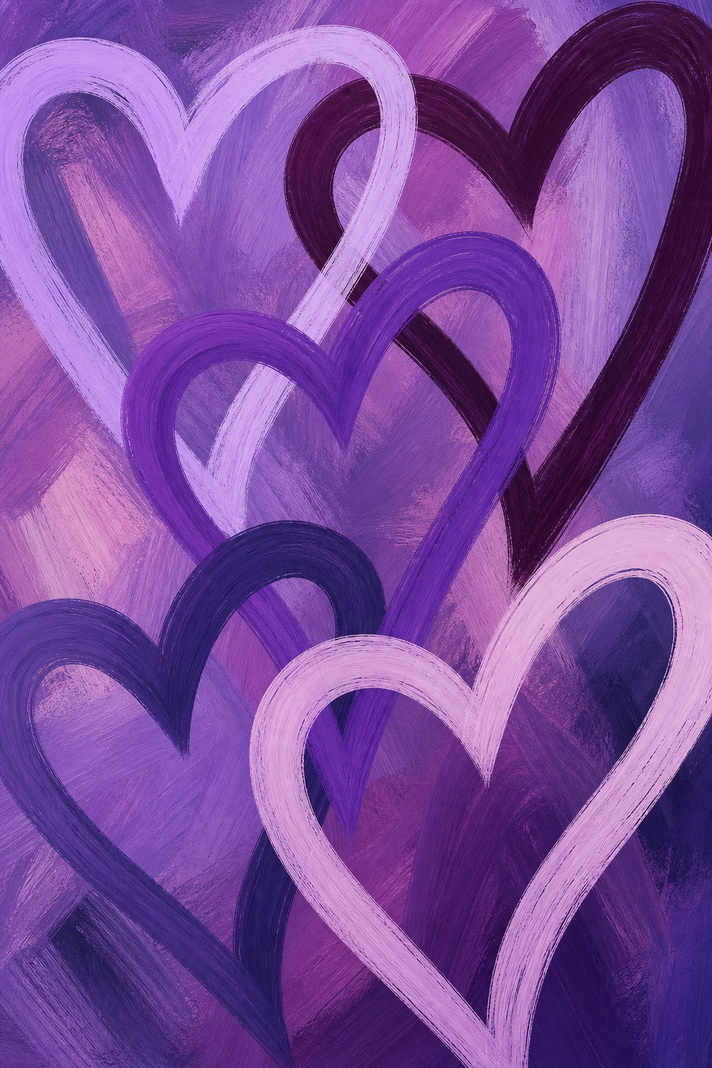 Layered expressive studio-art composition of five bold outline heart forms in varied purple shades, overlapping at dynamic angles with energetic strokes and a sense of motion and depth, no fills, circles, ECG lines, or white background