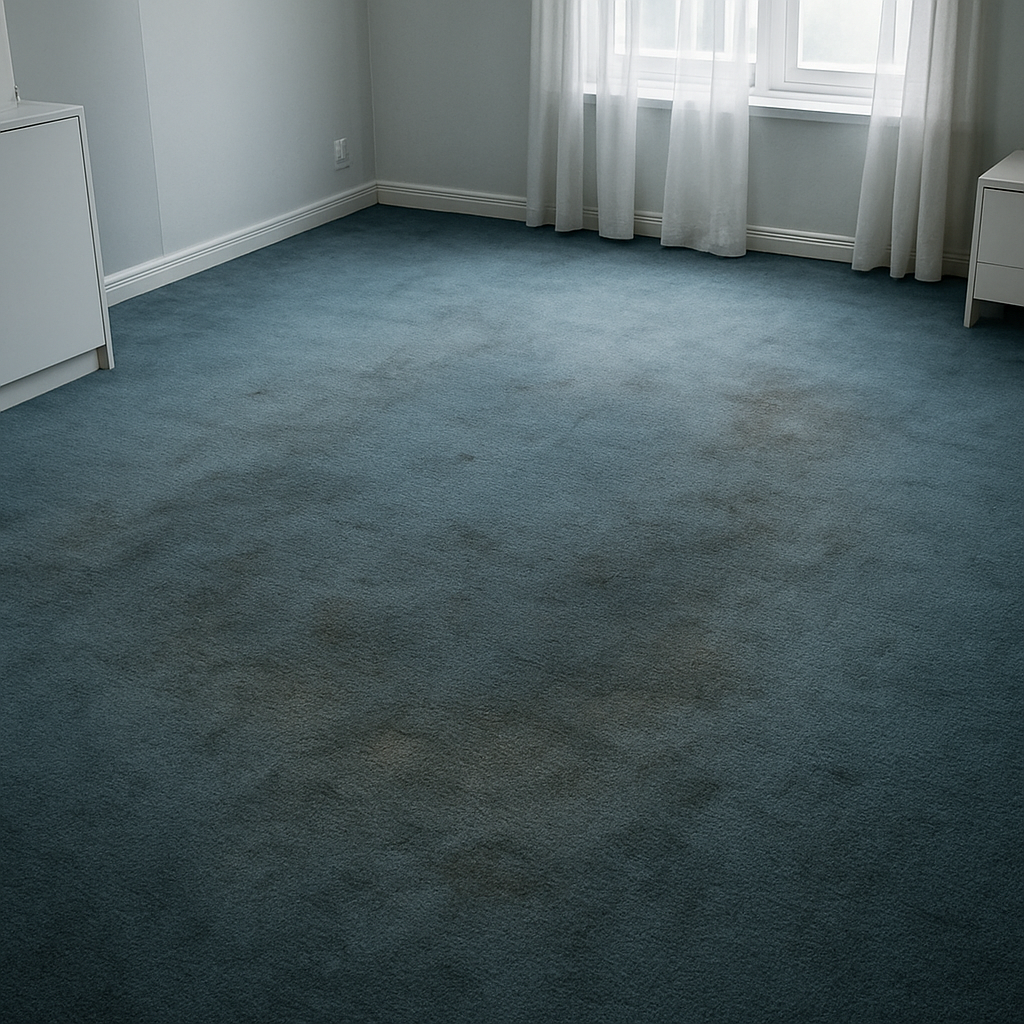 Alfombra azul con áreas opacas y suciedad antes de la limpieza