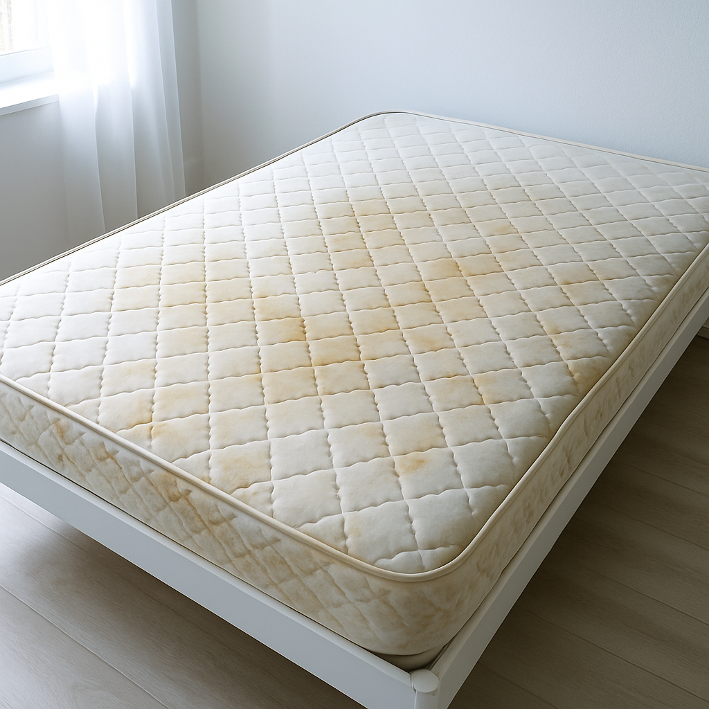 Colchón blanco con manchas y desgaste antes de la limpieza