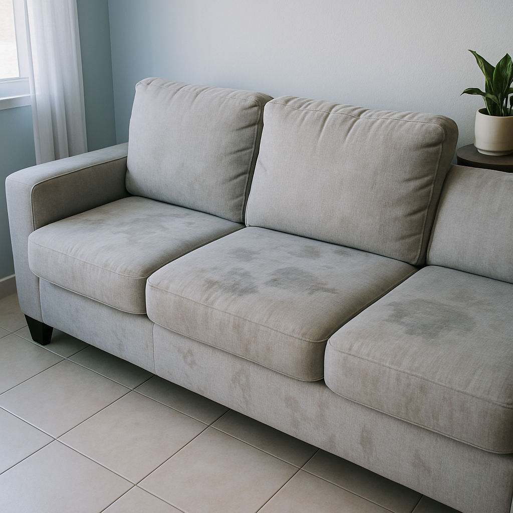 Sofá gris claro con manchas visibles antes de la limpieza