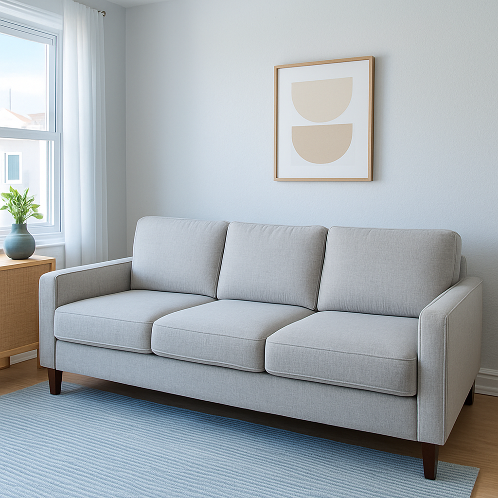 Sofá gris claro limpio y renovado después de la limpieza