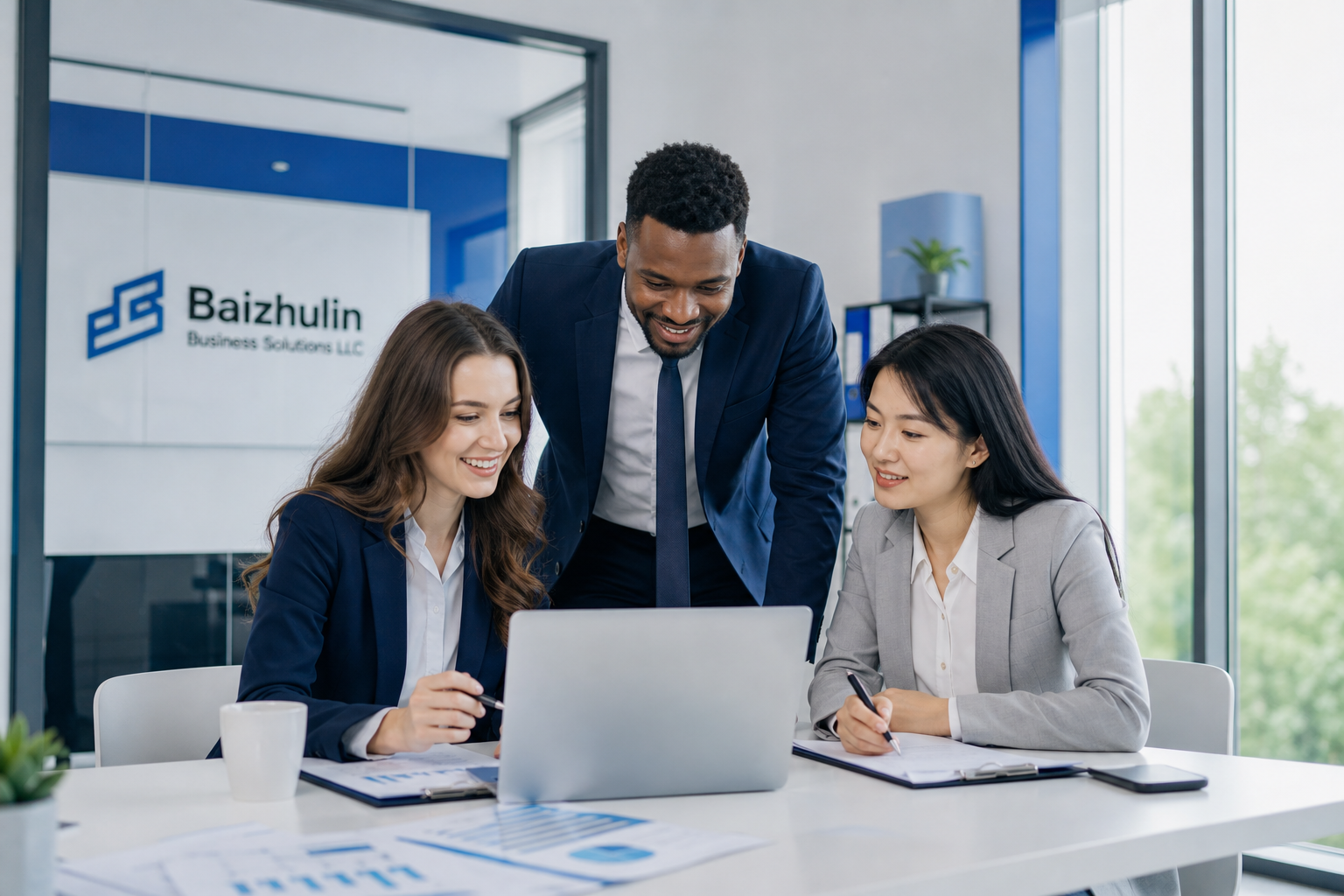 Professional corporate support team collaborating in a modern office with laptops and documents