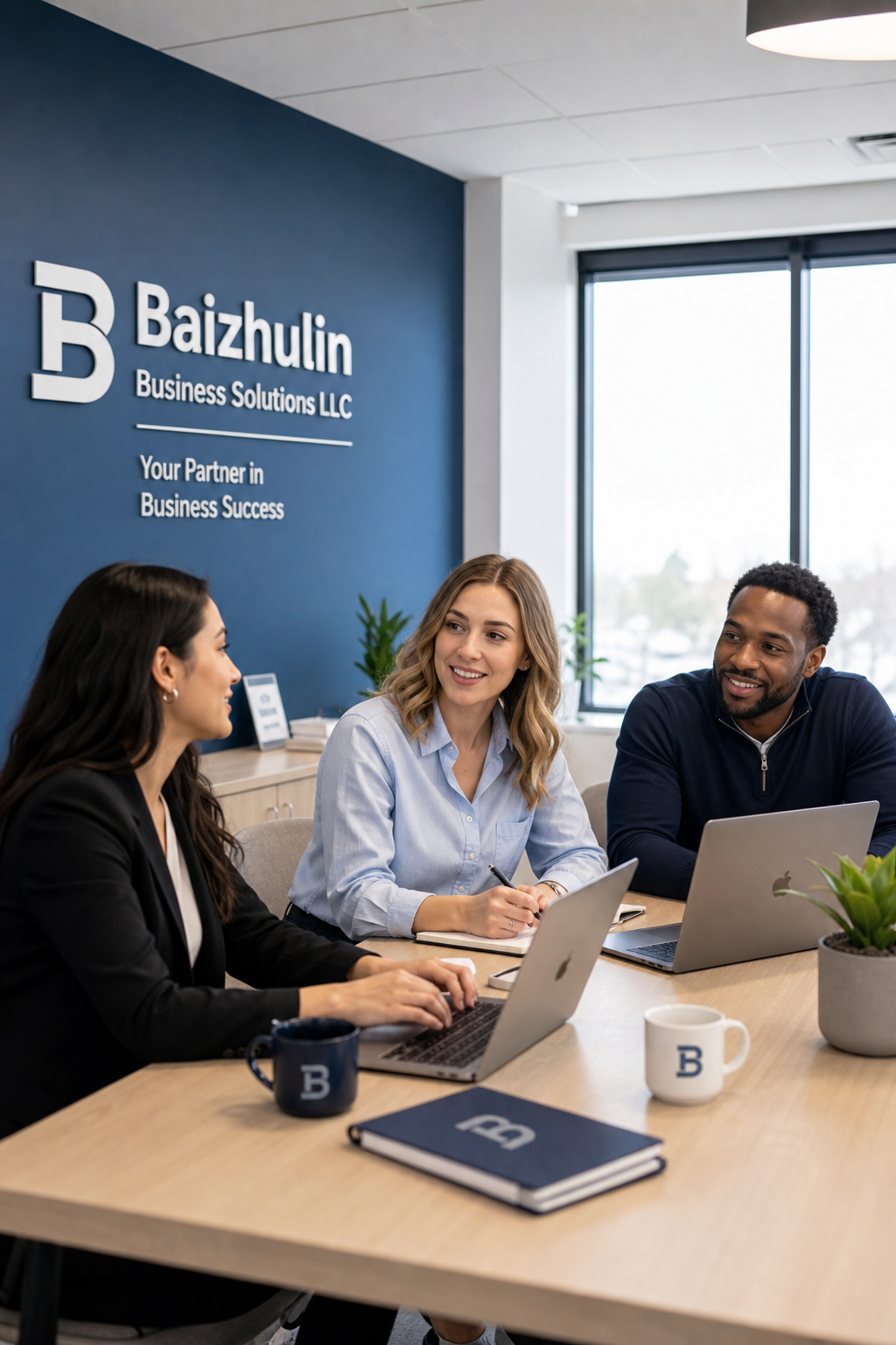 Professional American business support team collaborating in a modern office with laptops, notebooks, and soft blue accents