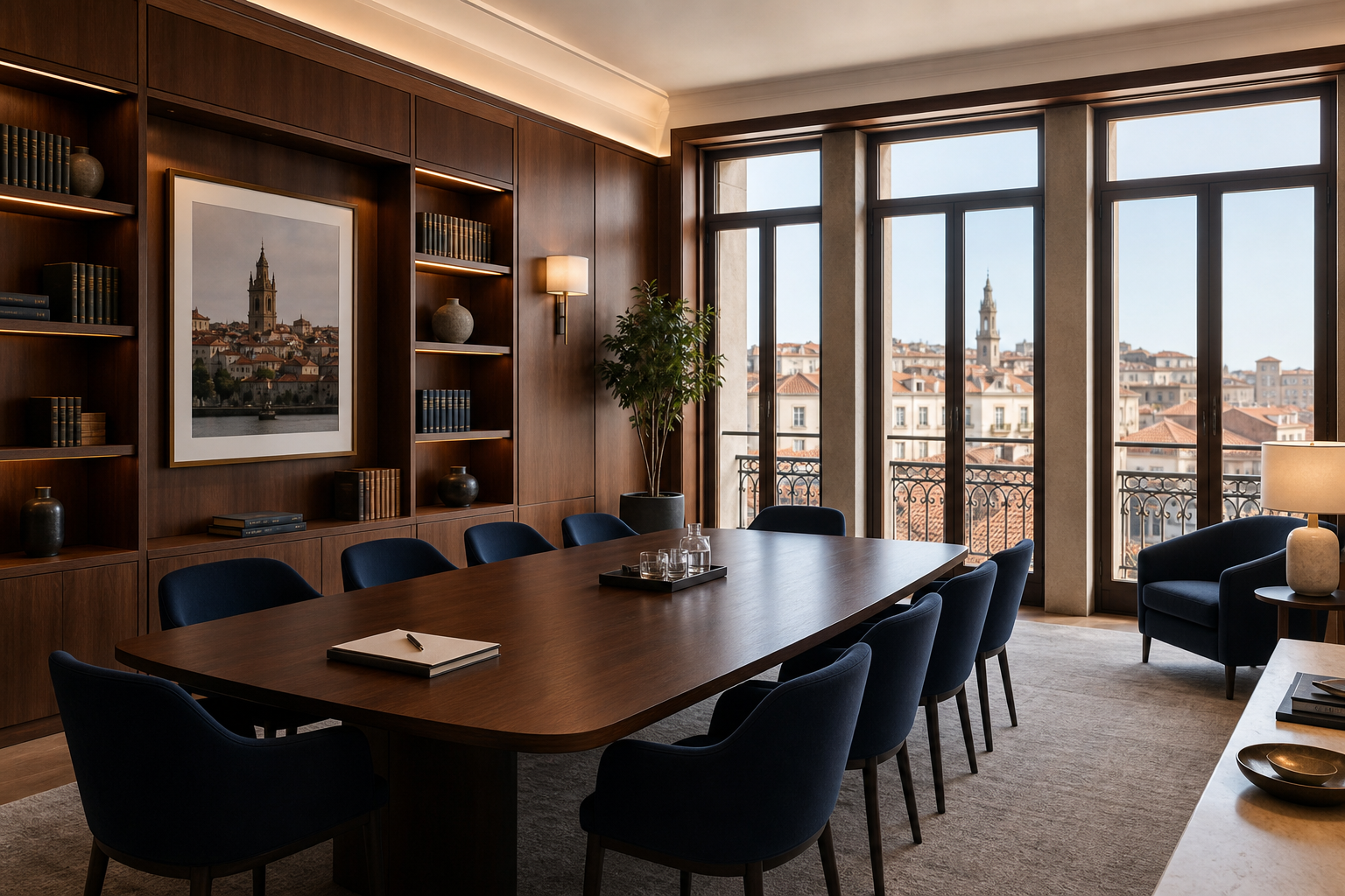 Refined legal office interior in Porto with warm wood, navy accents, and a calm professional atmosphere