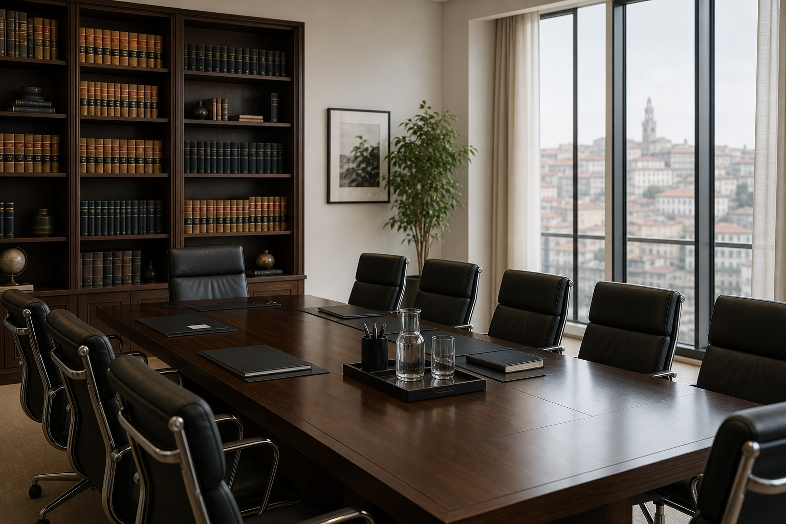 Placeholder photo of a refined legal office interior with conference table and bookshelves