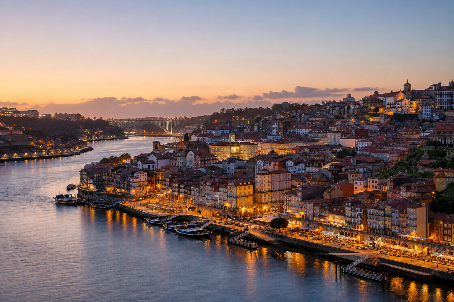 Porto cityscape with riverside architecture and warm evening light, professional photo placeholder for replacement