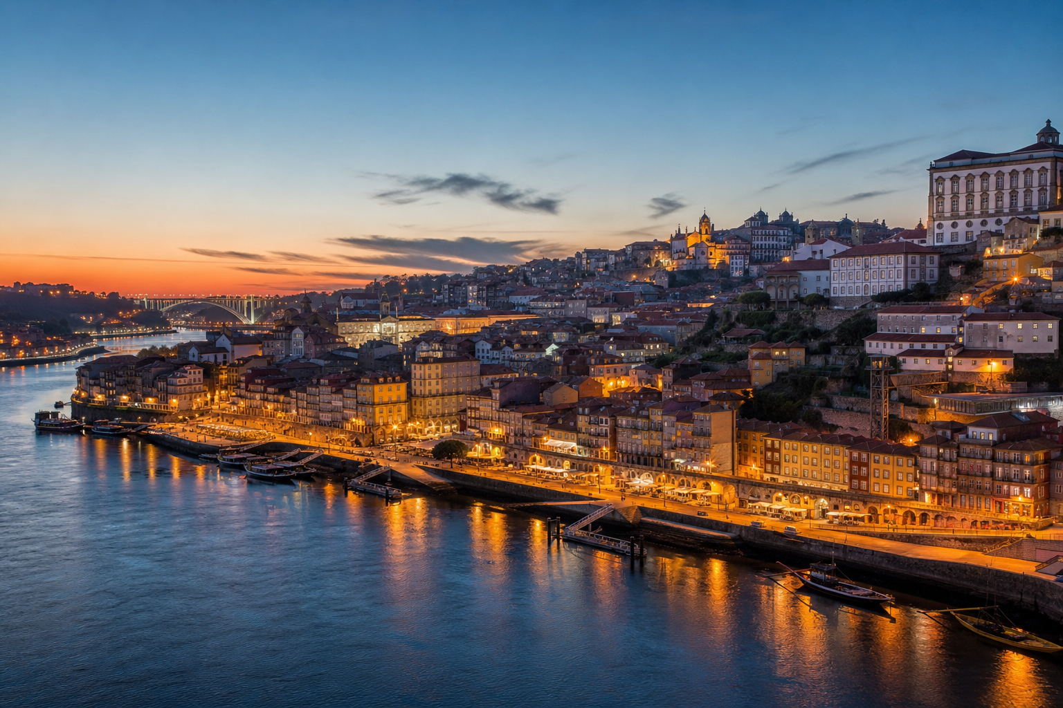 Placeholder cityscape of Porto with riverfront architecture at dusk