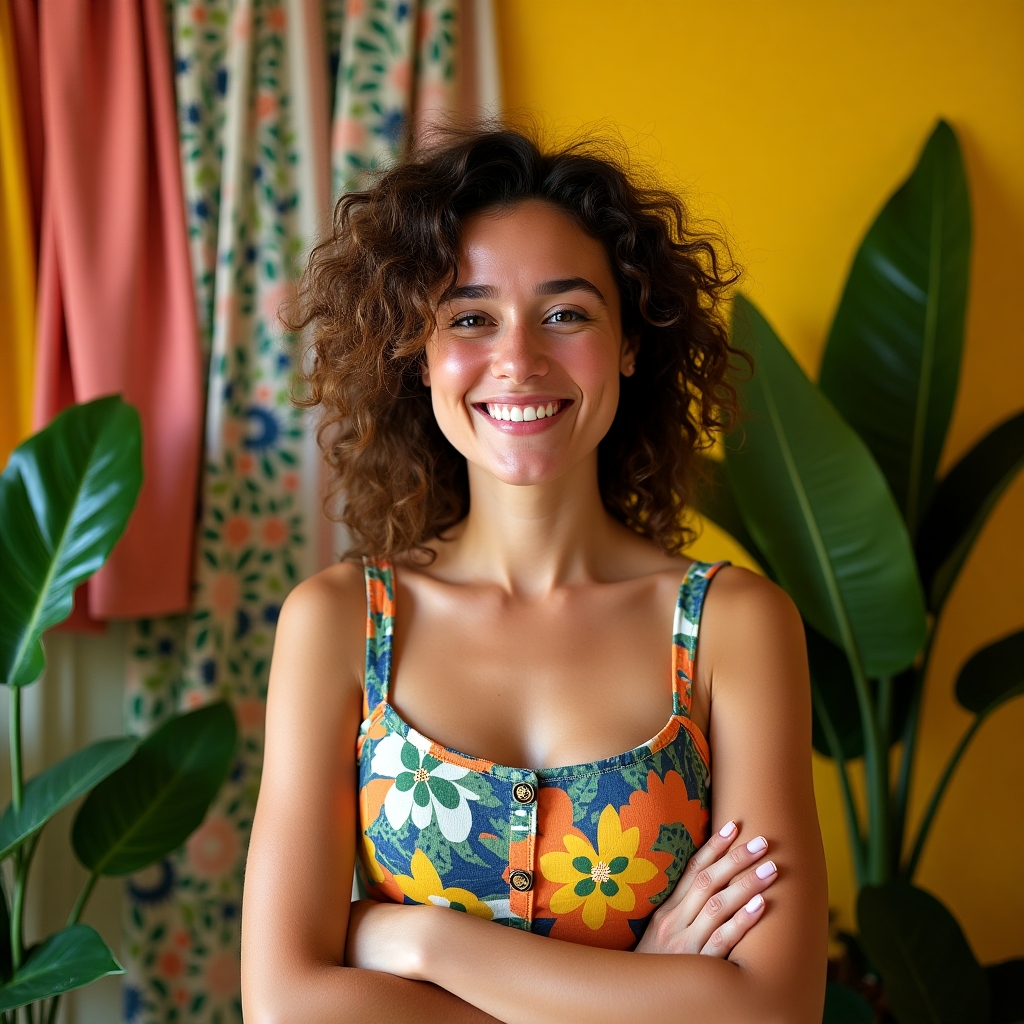 Smiling young woman wearing a colorful, eco-friendly outfit, surrounded by recycled fabrics and greenery, editorial style
