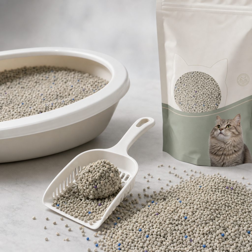 Bentonite clumping cat litter with textured grains in a clear scoop beside minimal packaging