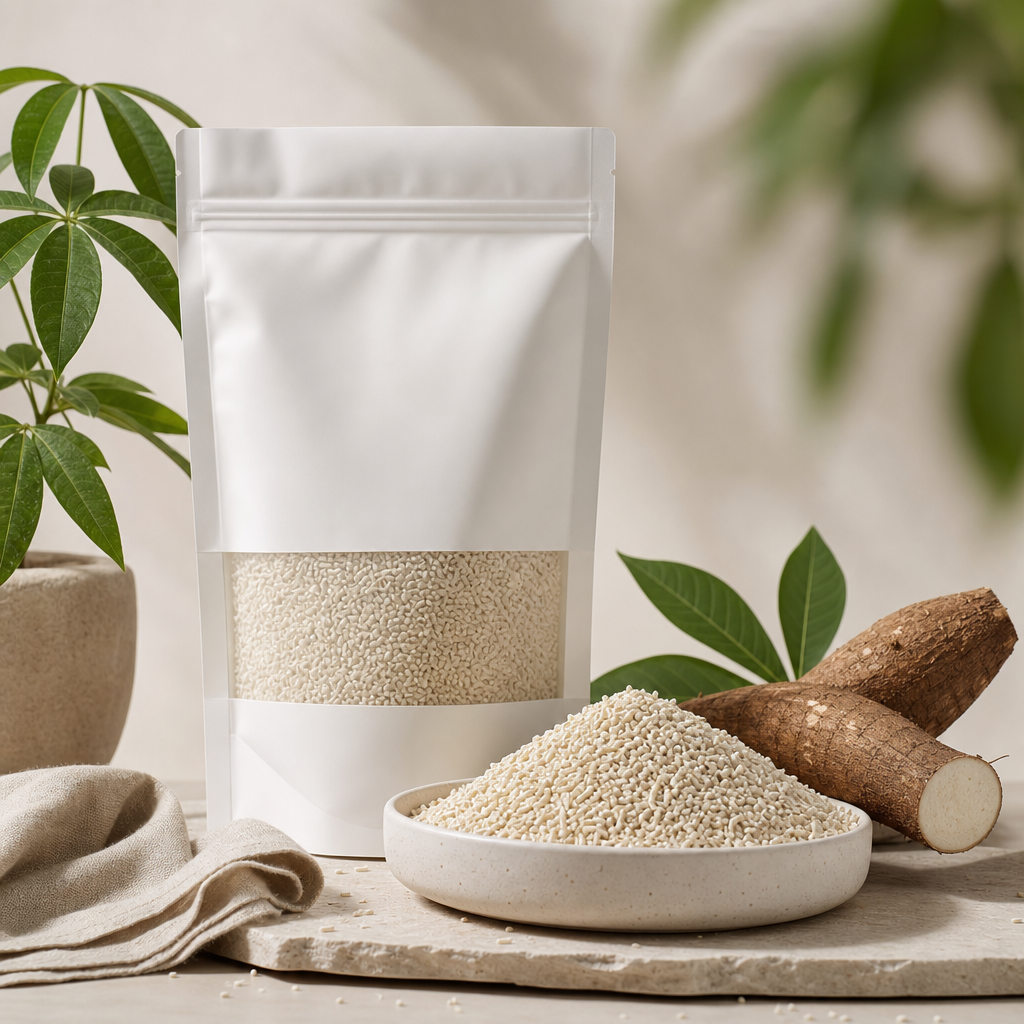 Fine cassava cat litter granules with a premium white pouch and soft studio lighting
