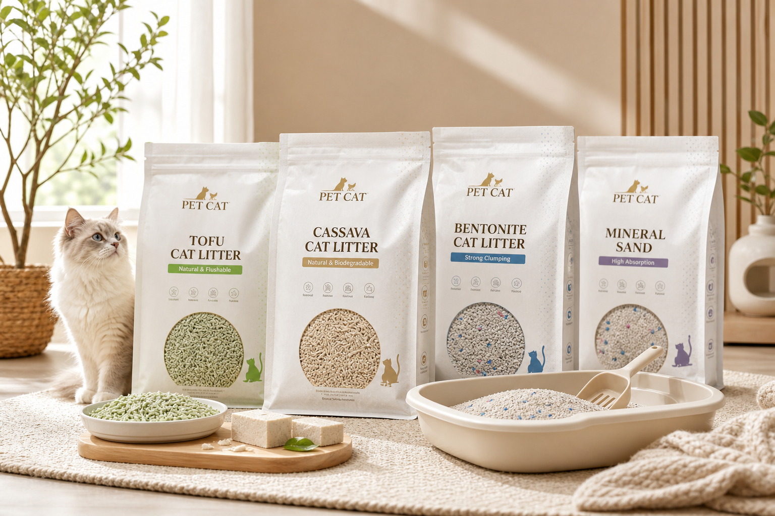 Premium hero image of PET CAT litter bags arranged in a bright studio scene with a sleek litter tray, soft neutral props, and warm daylight