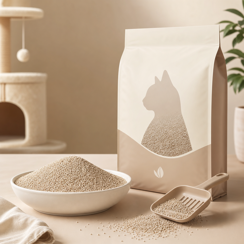Mineral sand cat litter with clean neutral bag and soft warm-toned studio surface