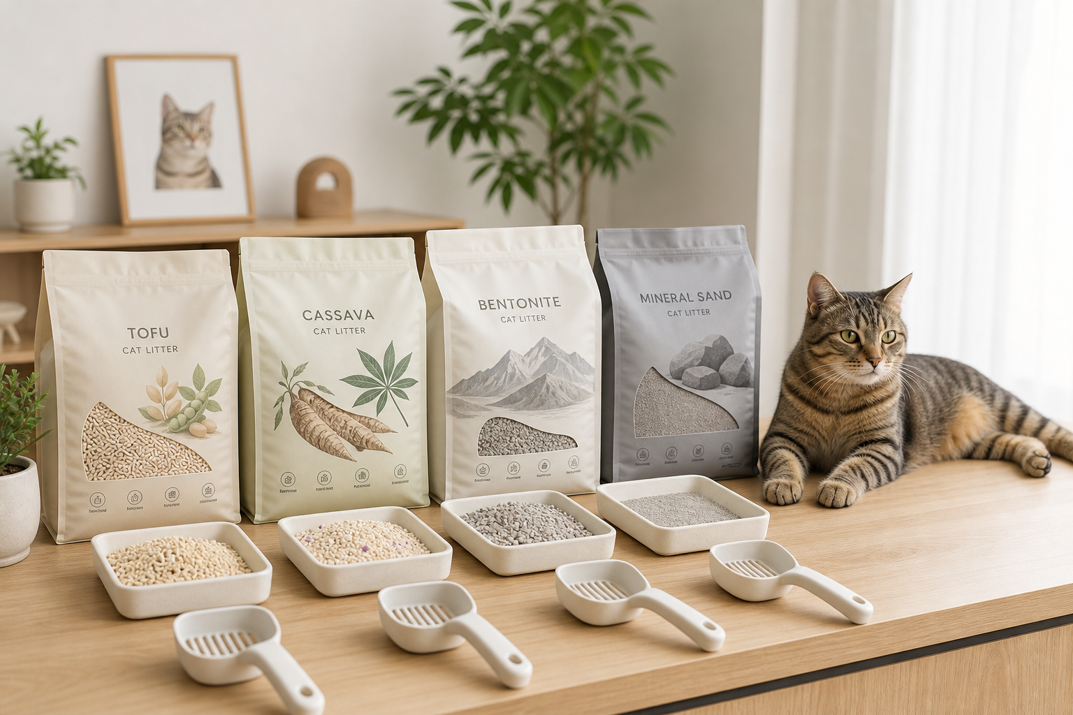 Warm, modern pet supplies studio with neatly stacked cat litter bags and a calm tabby cat lounging beside a sample testing table
