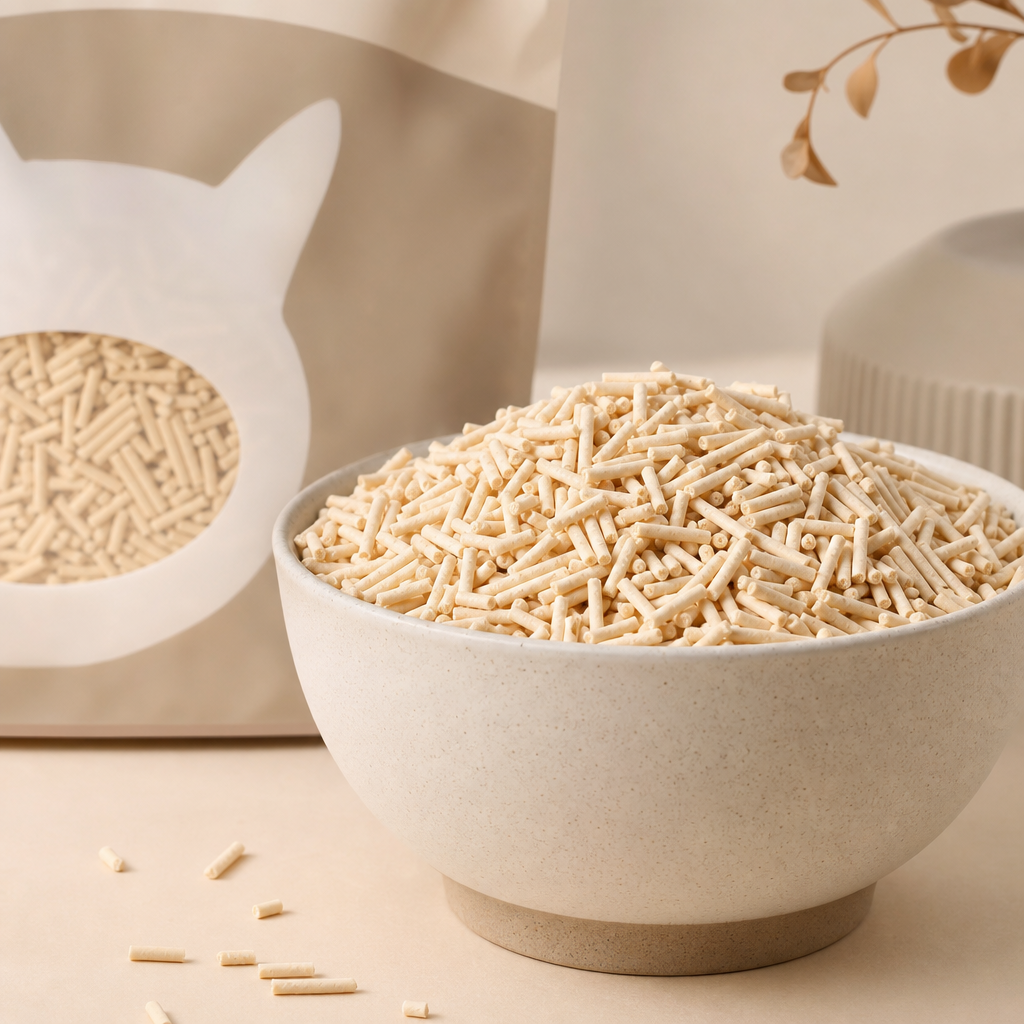 Tofu cat litter pellets in a modern ceramic bowl with soft neutral packaging
