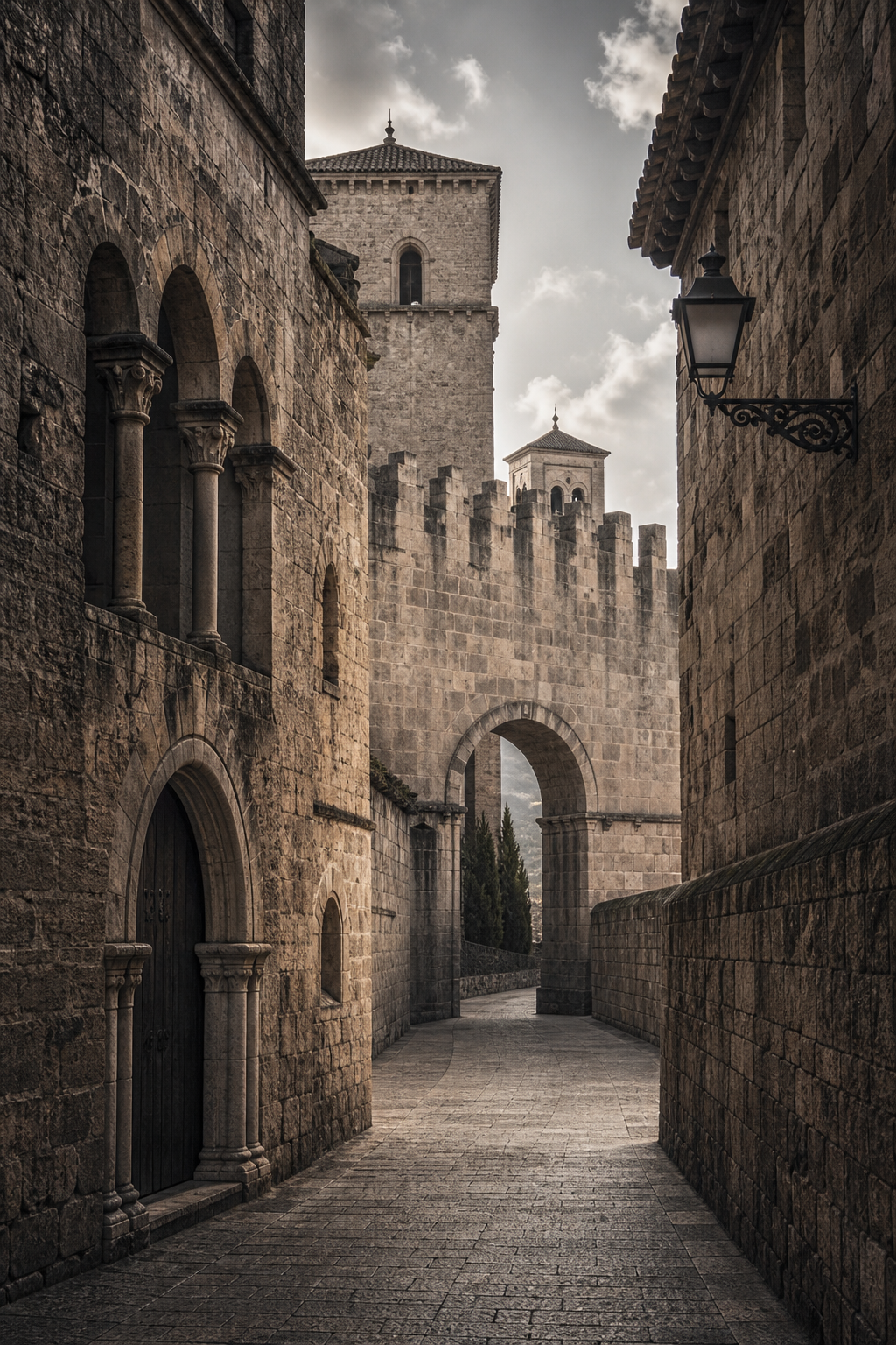 Escena histórica realista de arquitectura medieval en España, con piedra antigua, atmósfera sobria y luz institucional elegante