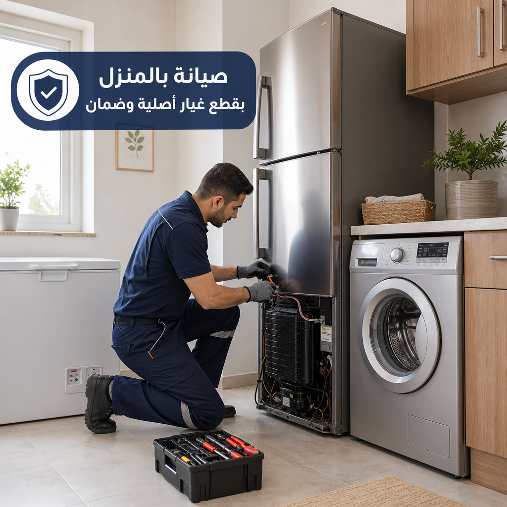 رسم تقني نظيف لفني صيانة منزلي مع ثلاجة وديب فريزر وميكروويف وغسالة أوتوماتيك داخل مشهد خدمة محلية احترافي