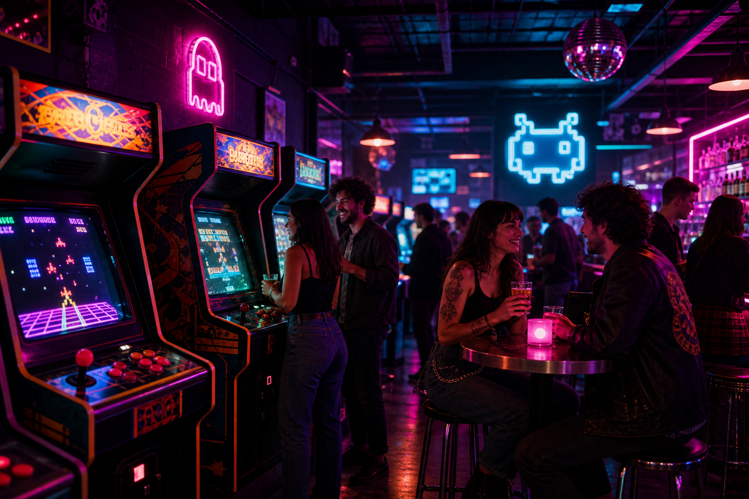 Neon-lit arcade bar interior with glowing cabinets, magenta and cyan lights, and people socializing