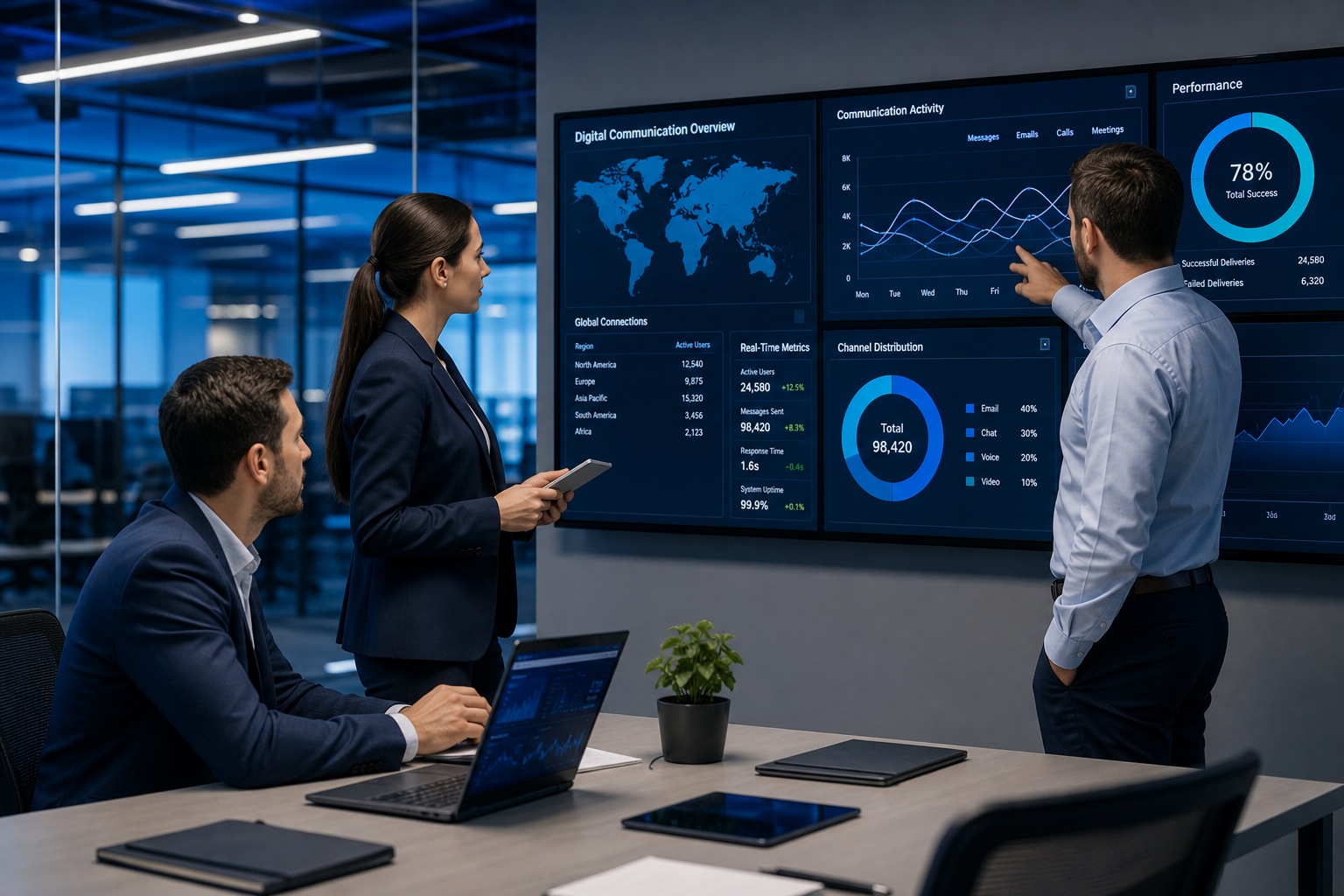 Professional technology team reviewing digital communication dashboards in a modern office with blue accents