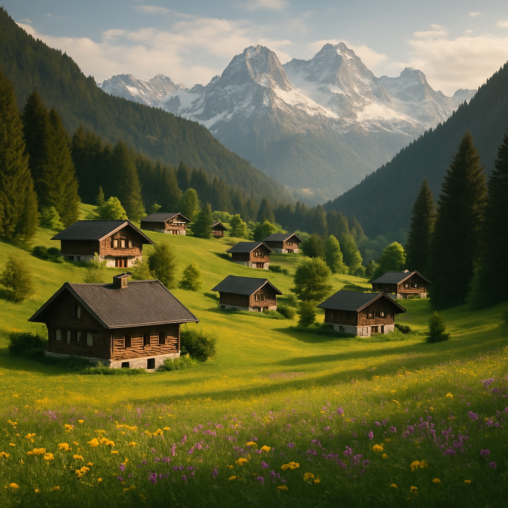 Alpine mountains and scenic village paths