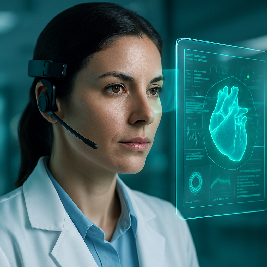 Close-up portrait of a confident female doctor wearing a modern headset, focused on a translucent glowing augmented-reality medical interface with AI diagnostic visuals
