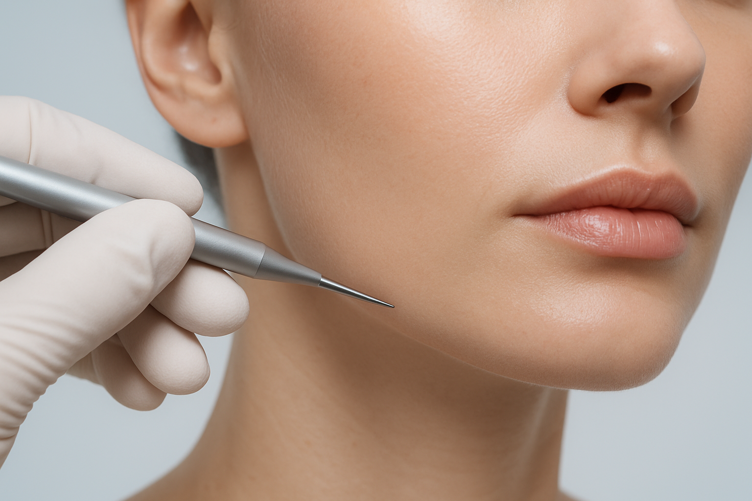 Hyper-realistic macro view of a spotless female jawline and cheek, flawless skin texture with a sterile latex glove holding a matte-silver medical precision instrument touching the jawline