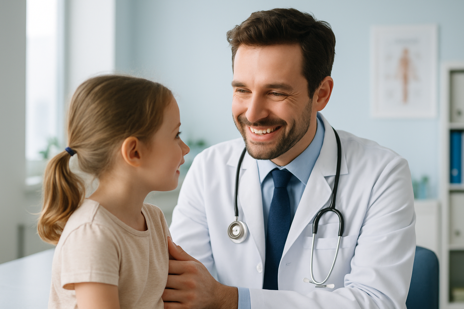 Smiling pediatric doctor warmly interacting with a child in a modern, trustworthy clinical setting