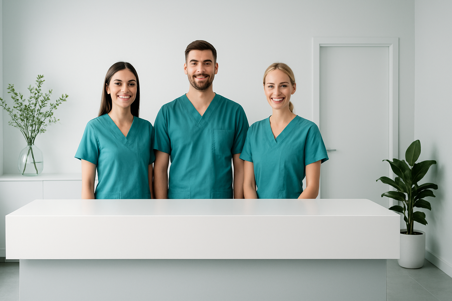 Premium dental clinic website hero showing a bright, modern reception desk, smiling dental team in teal uniforms, and soft spring greenery accents