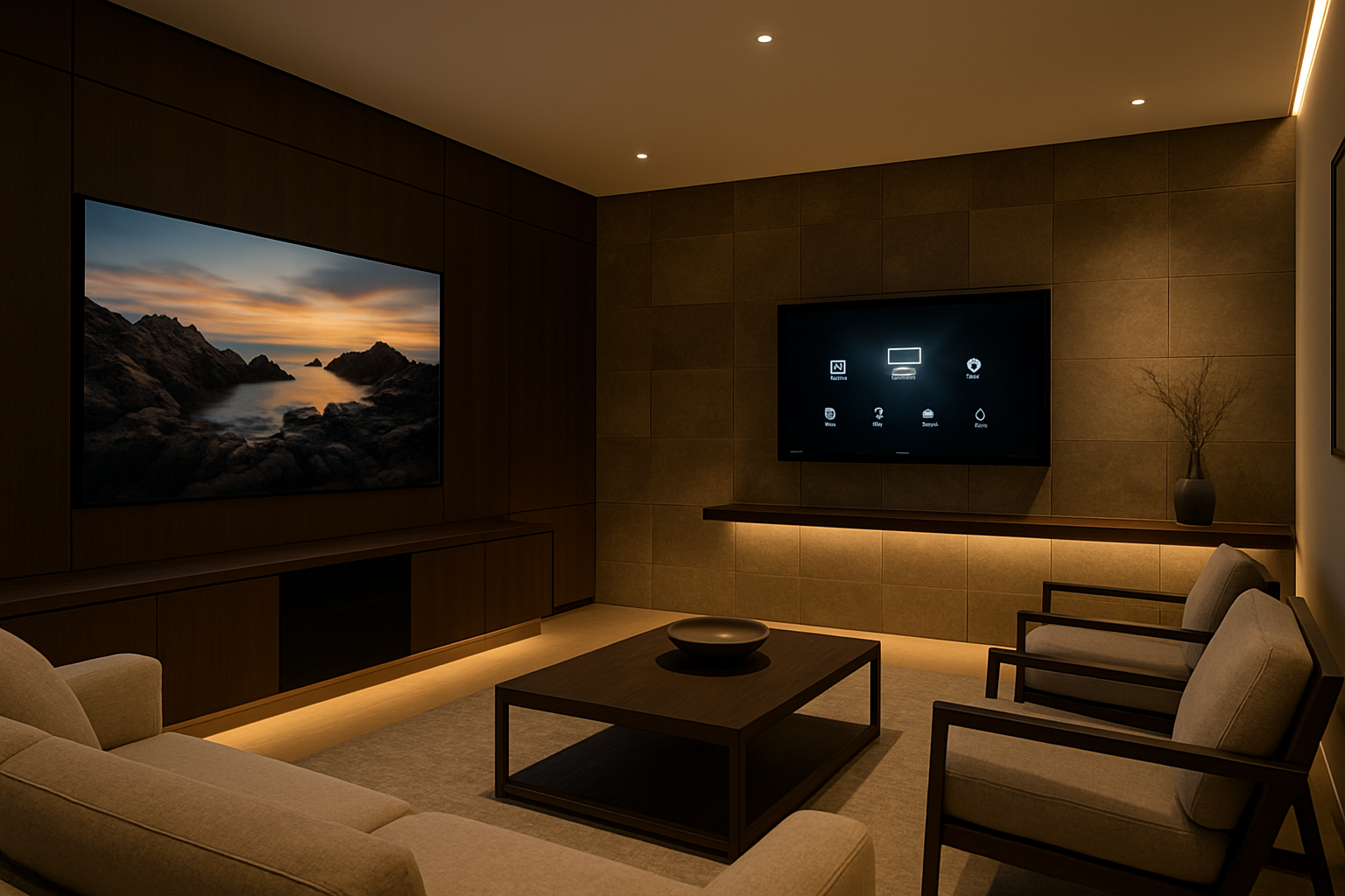 Elegant luxury home theater and smart living room with integrated AV screens, warm lighting, and minimalist seating