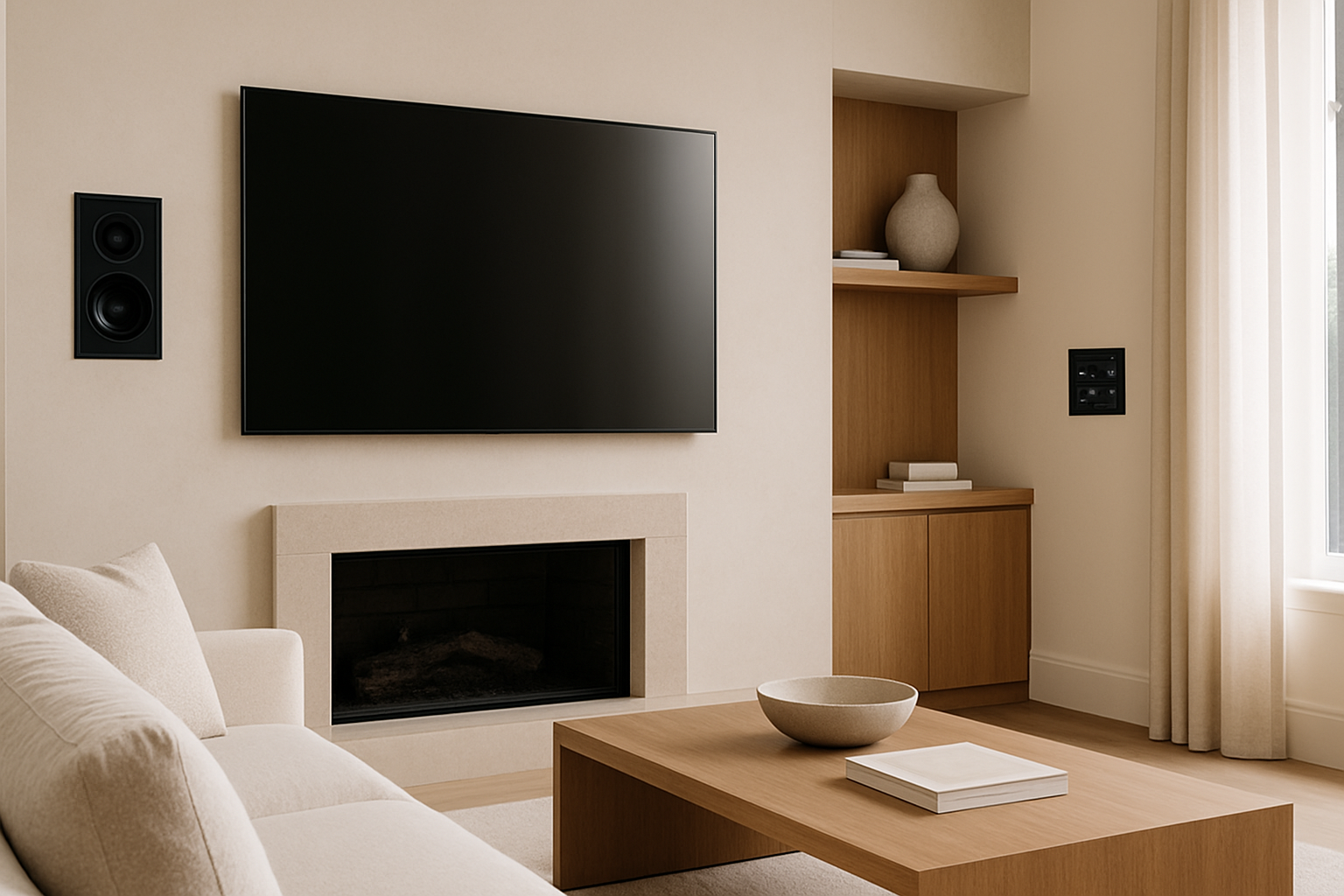 Modern luxury living room with discreet in-wall speakers, a large wall-mounted display, and elegant smart home control panel