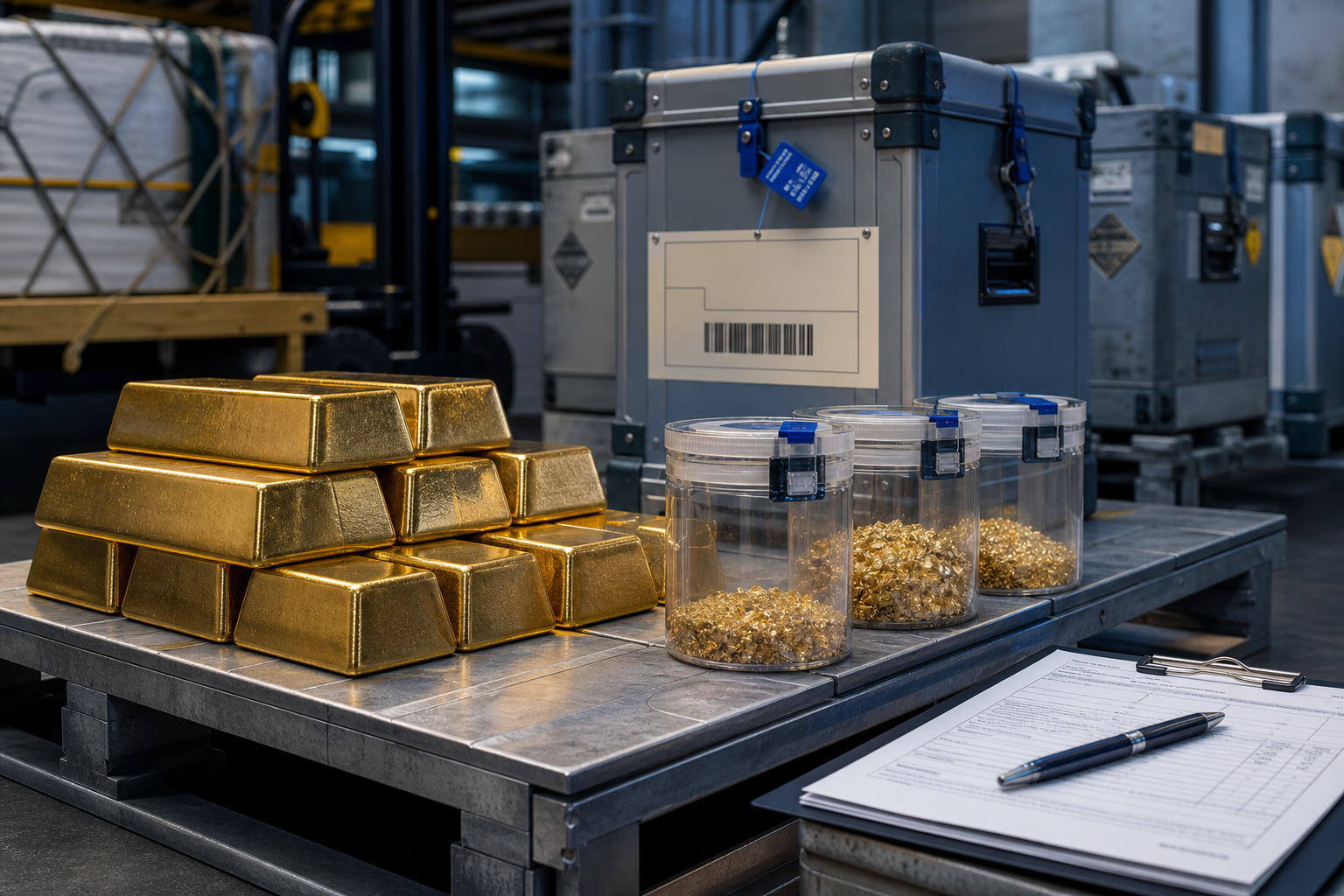 Refined industrial composition showing stacked gold bars, sealed mineral sample containers, and cargo logistics elements in a secure trade facility