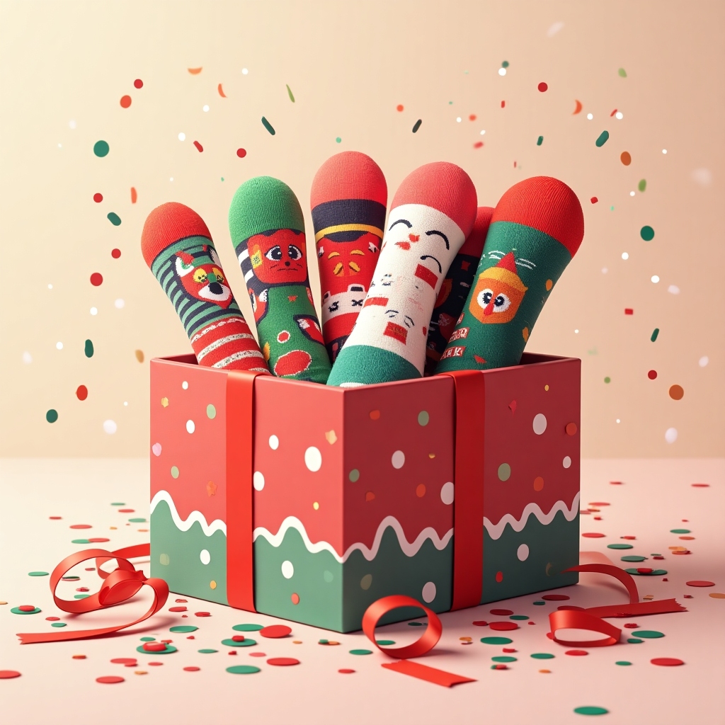Festive women's sock surprise box with colorful, cheerful packaging and socks peeking out, surrounded by gift ribbons and holiday confetti