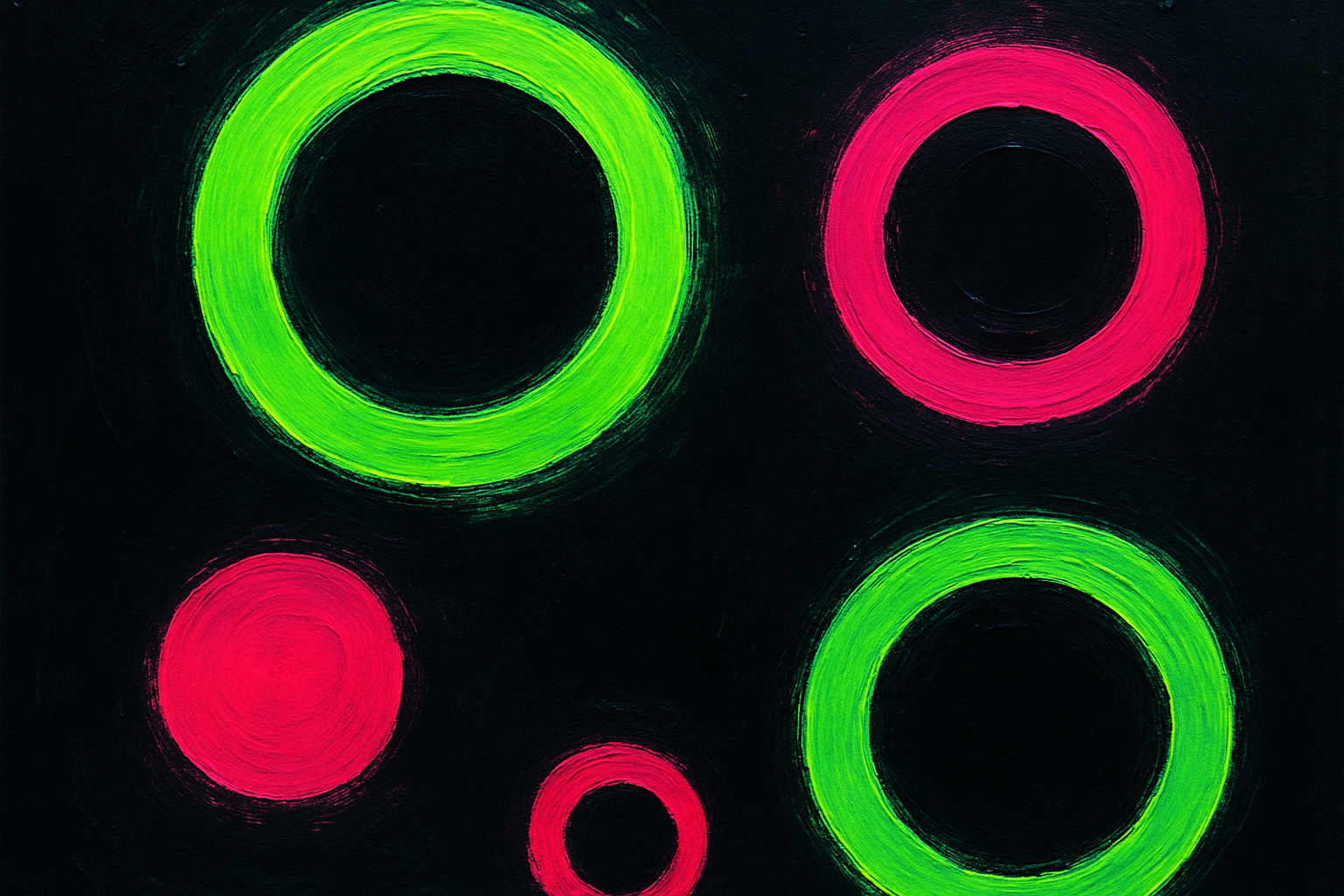 Bright abstract composition with circular neon forms on a dark background