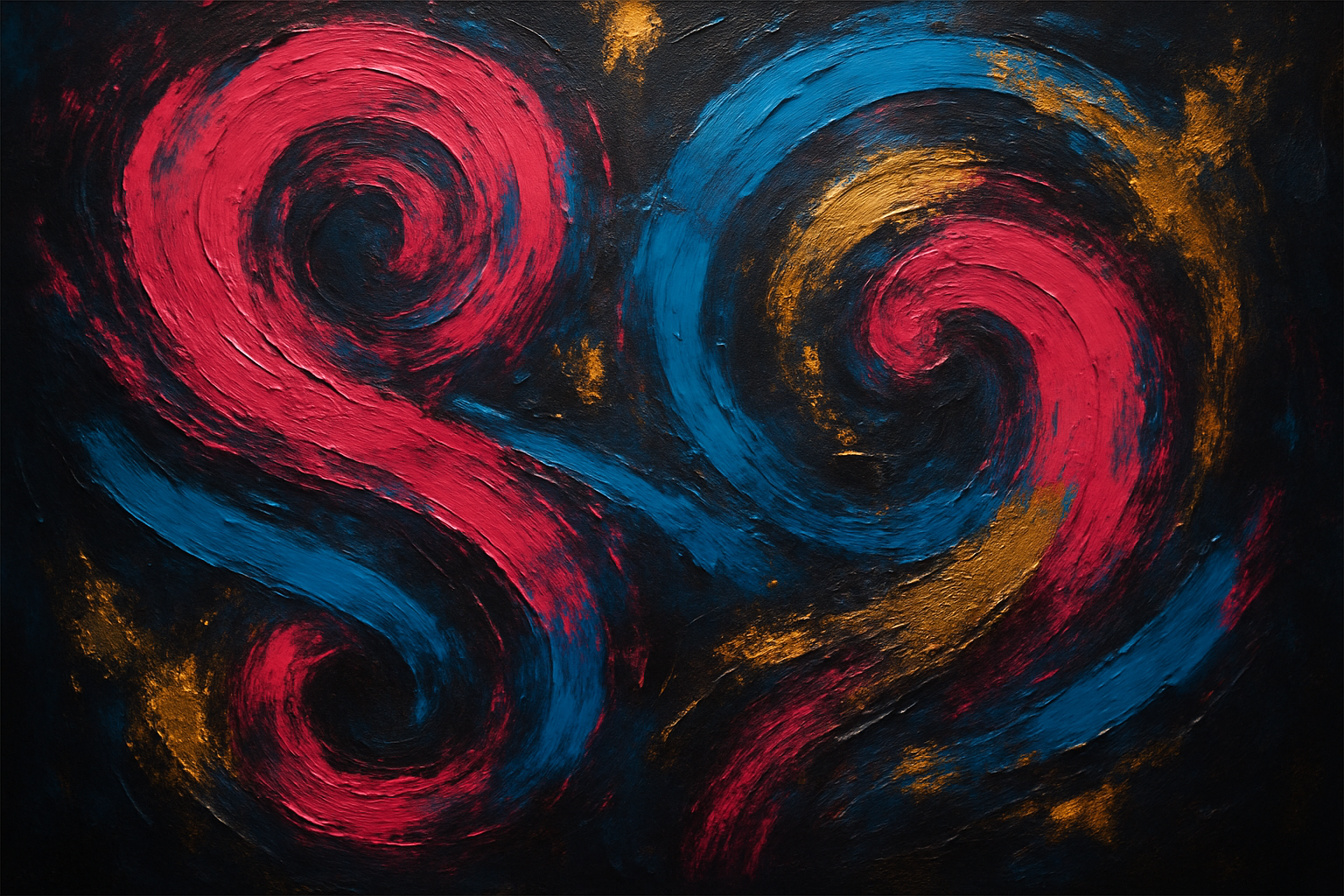 Large abstract painting with raspberry pink swirls, electric blue ribbons, and textured golden highlights