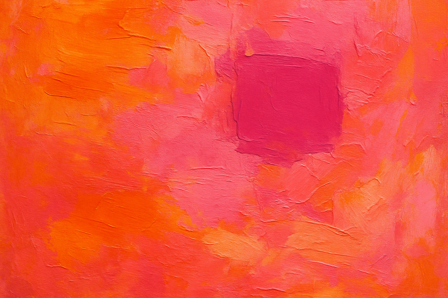 Vibrant abstract painting with layered orange, pink, and coral textures resembling brushy glaze