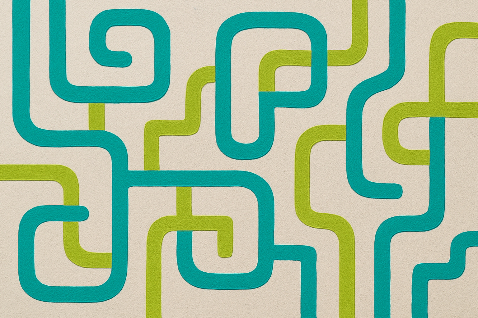 Abstract artwork with turquoise and lime lines forming a playful circuit-like pattern