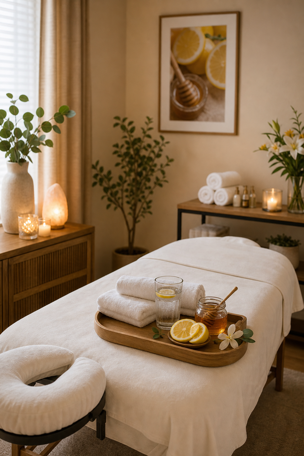 Softly lit spa treatment room with a massage table, folded towels, and subtle lemon and honey accents