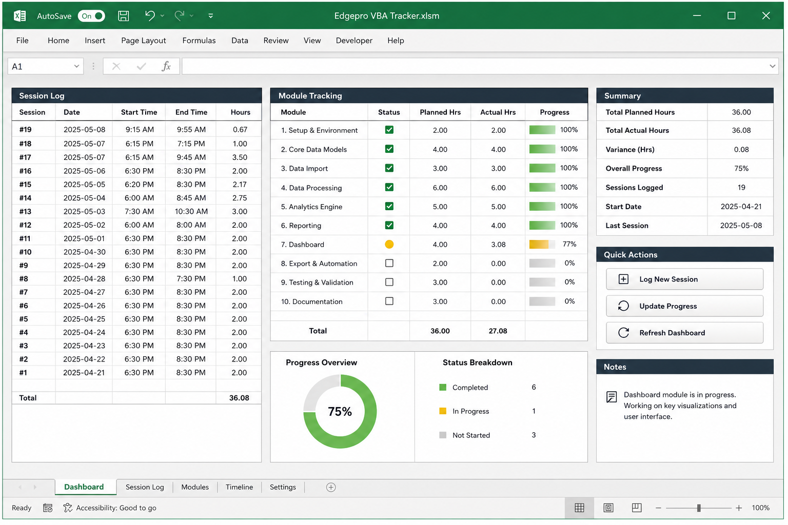 Screenshot preview of the VBA tracker workbook interface