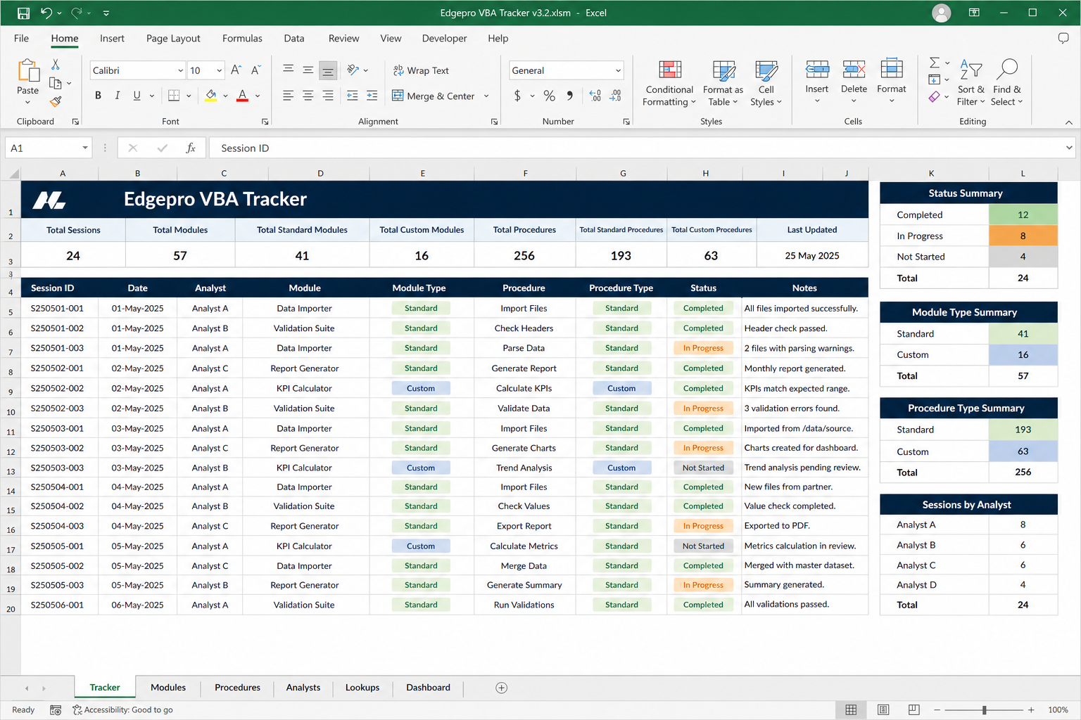 Expanded screenshot preview of the VBA tracker workbook interface