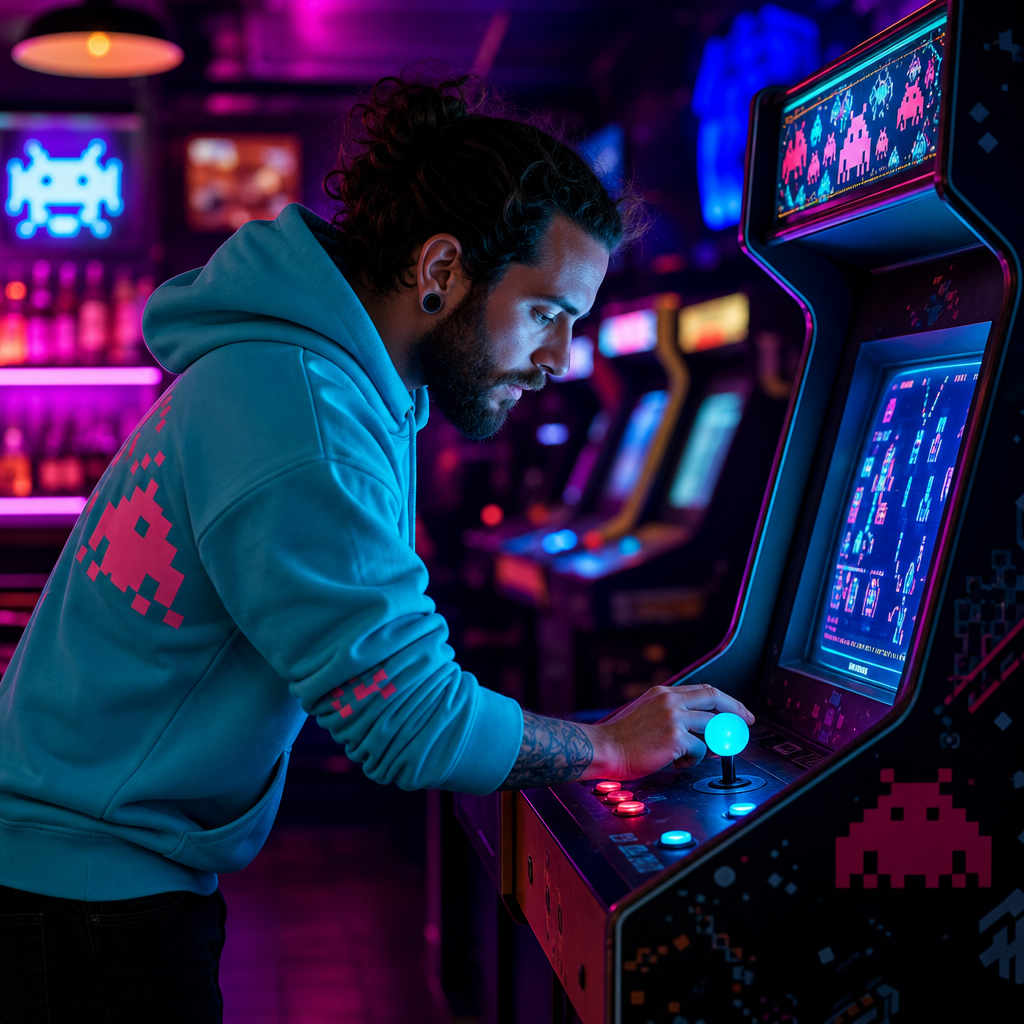 Arcade game curator in a cyan hoodie adjusting a glowing joystick beside classic cabinets